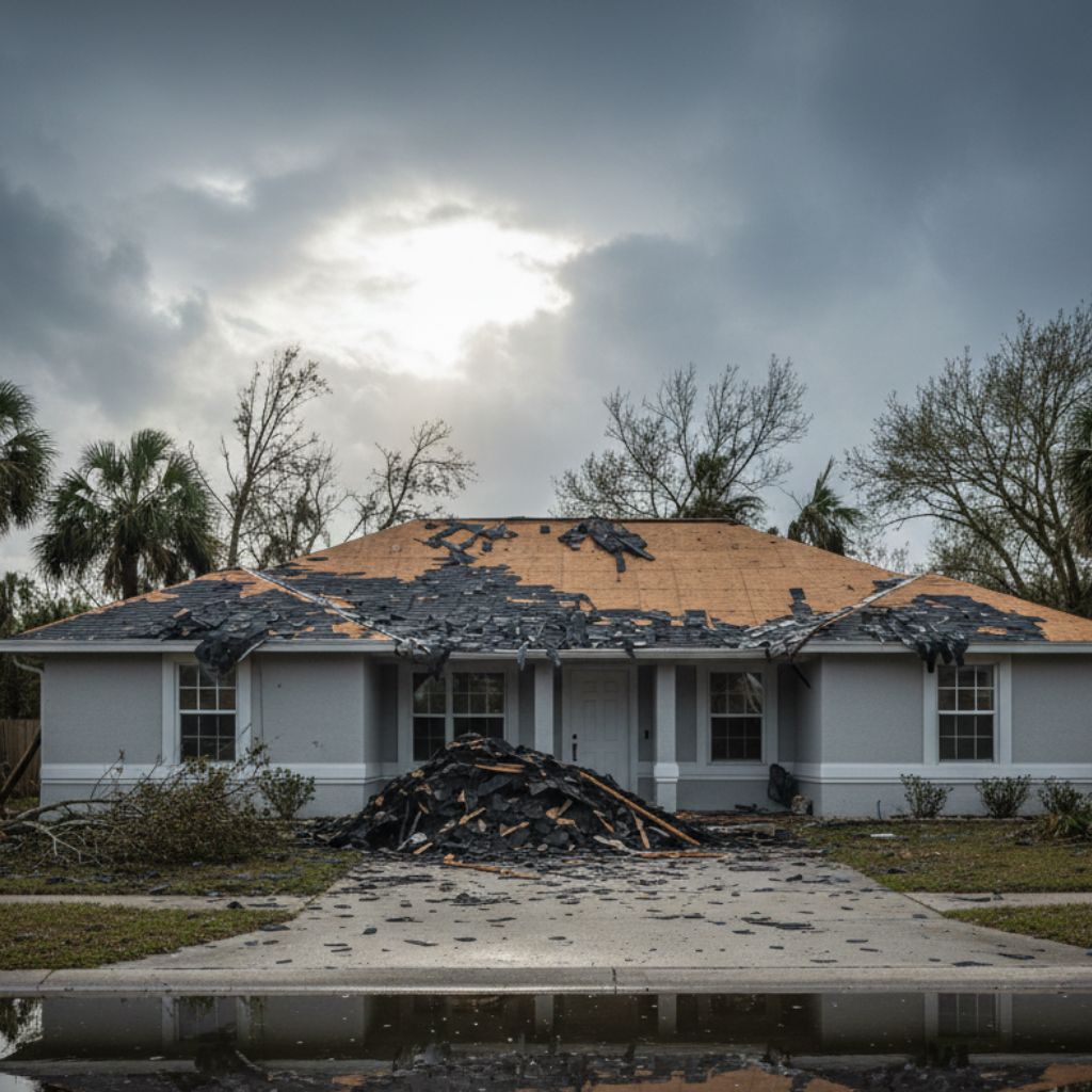 Wind damaged roof with missing shingles
