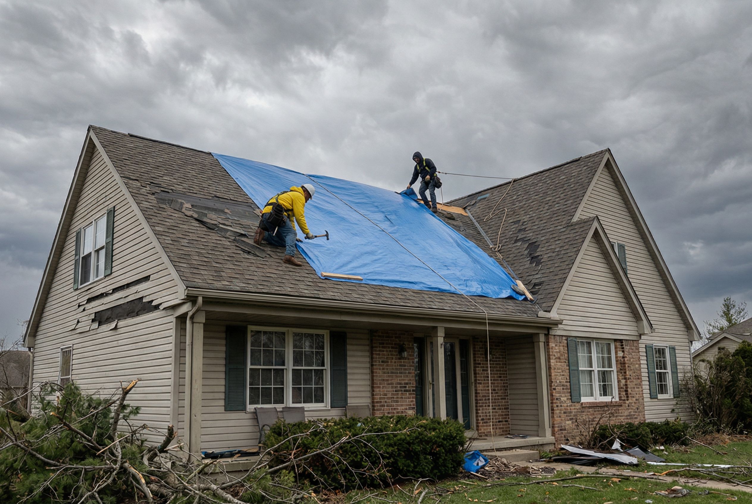 Emergency roofing service in Gainesville, FL with tarp installed after storm damage