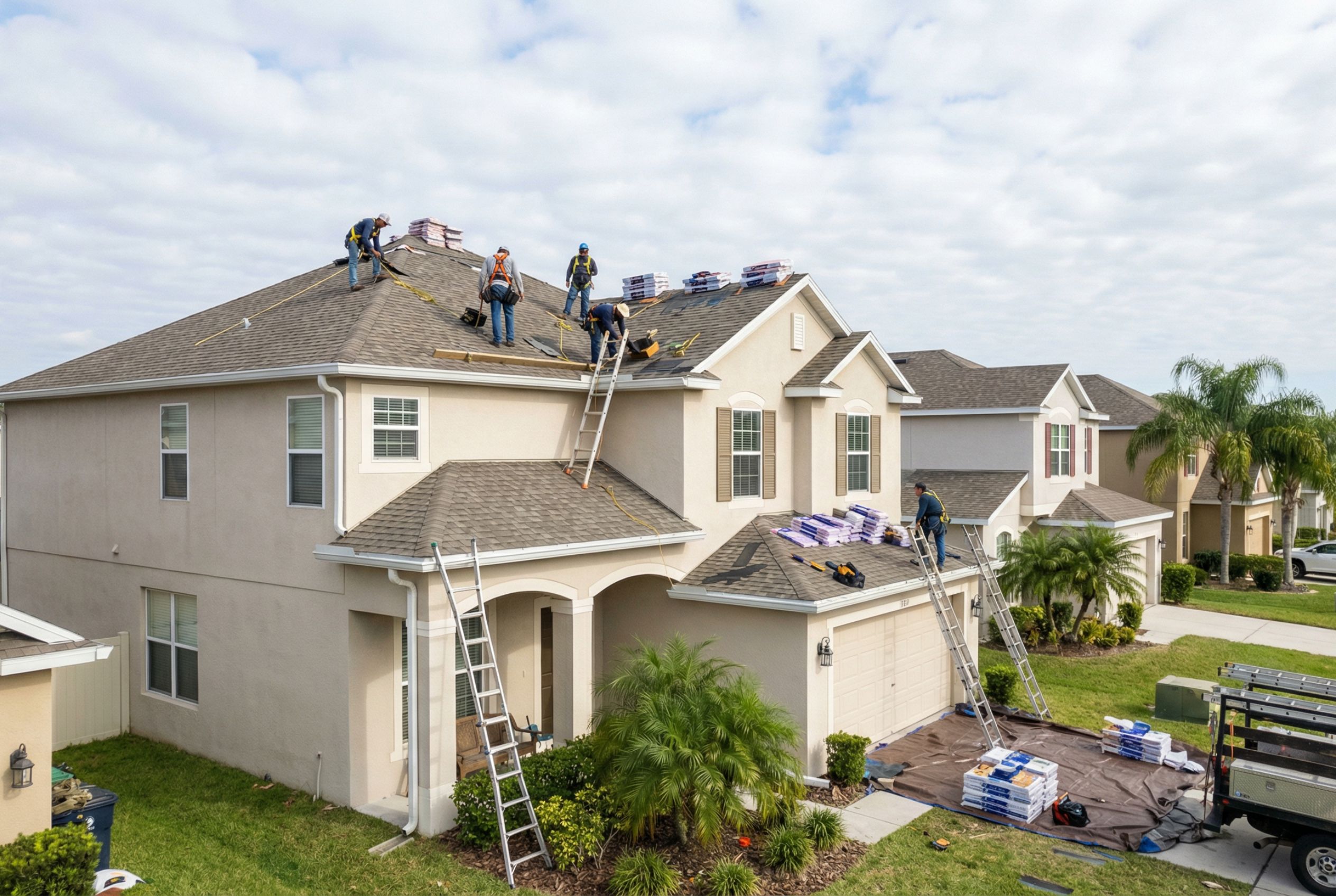 Roof replacement in Gainesville, FL with roofing crew working on a residential home