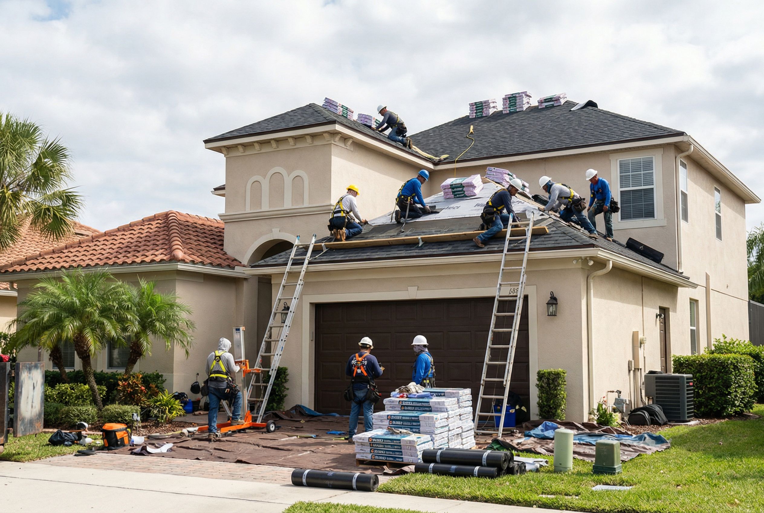 Residential roof replacement in Gainesville, FL with professional roofing crew on site
