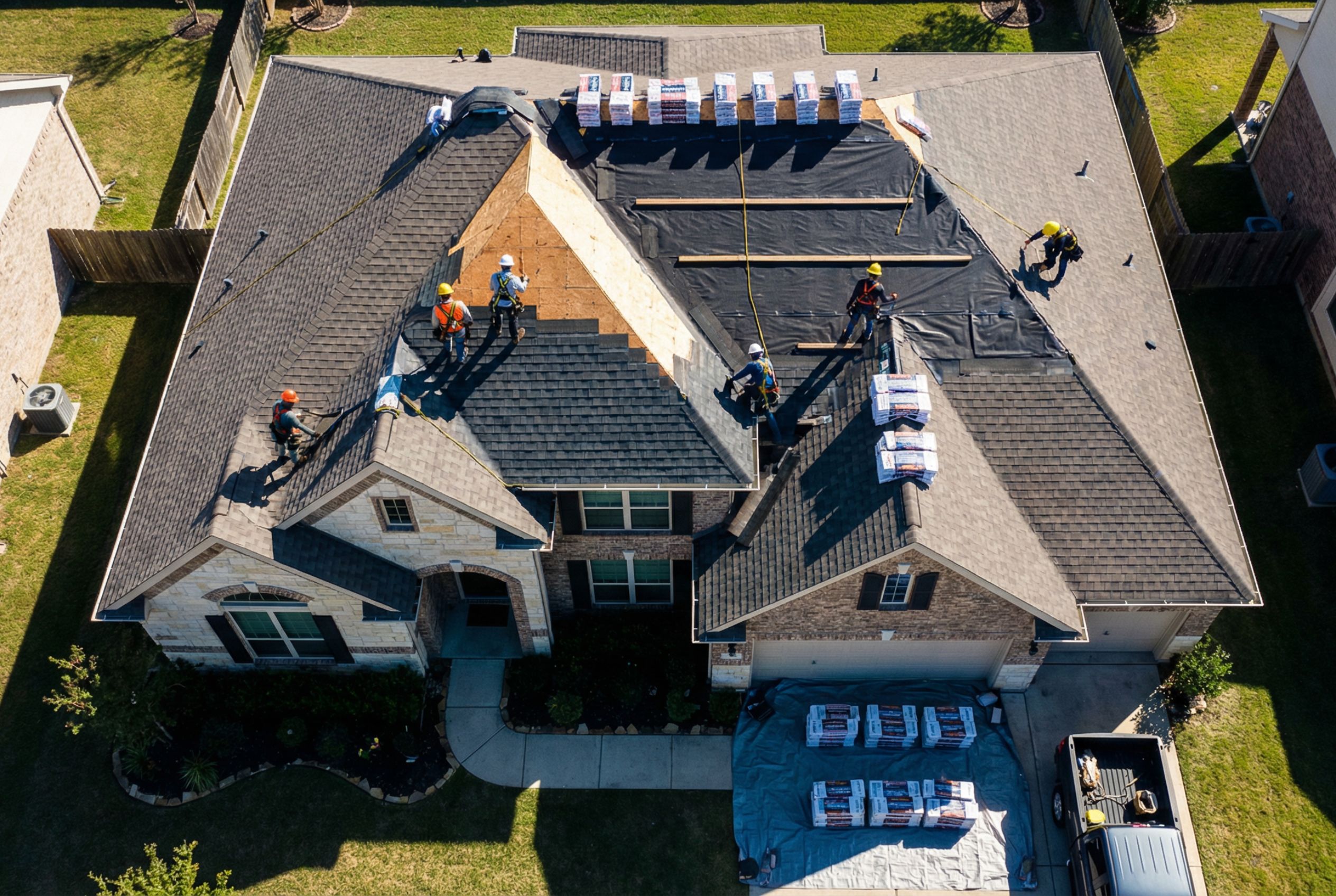 Roof replacement in Gainesville, FL—drone view of crew installing shingles