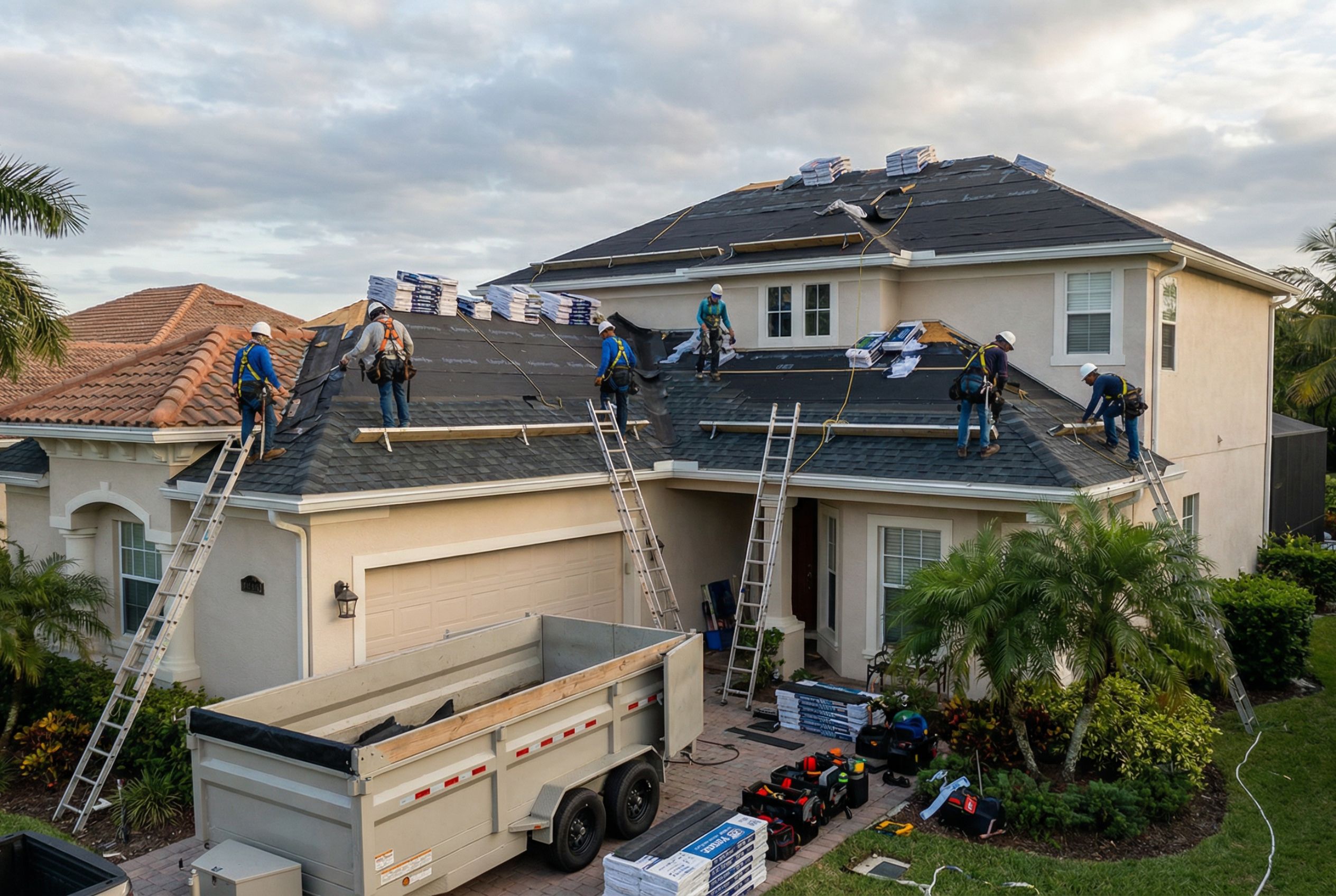 Gainesville, FL roofing project with crew working across multiple roof sections