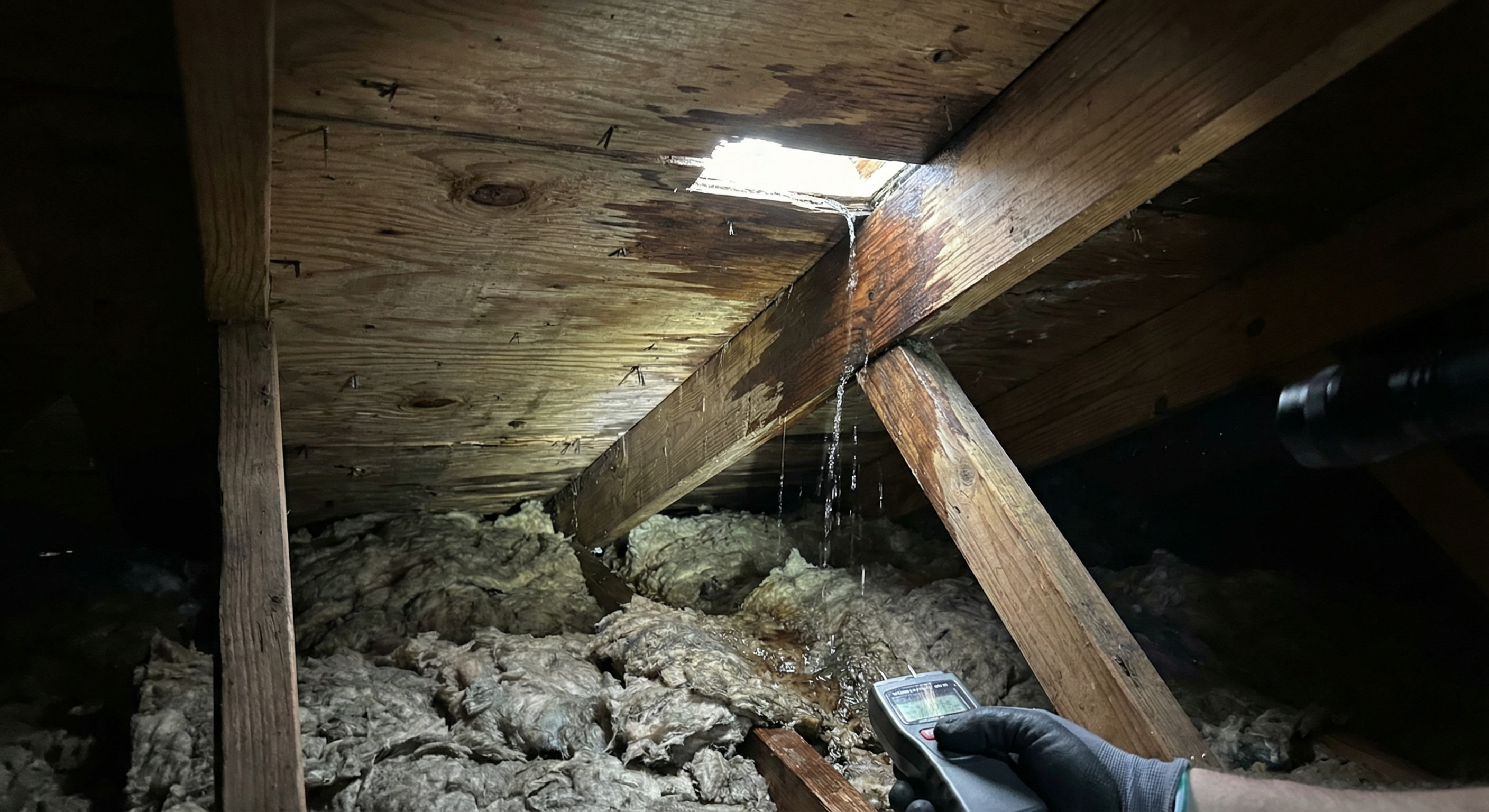 Active roof leak water damage in Gainesville FL home attic - Carr-Palmer Roofing