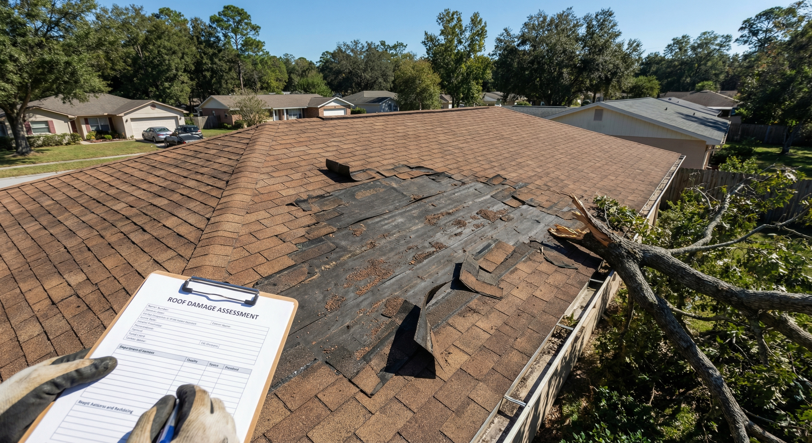 Storm damage to residential roof