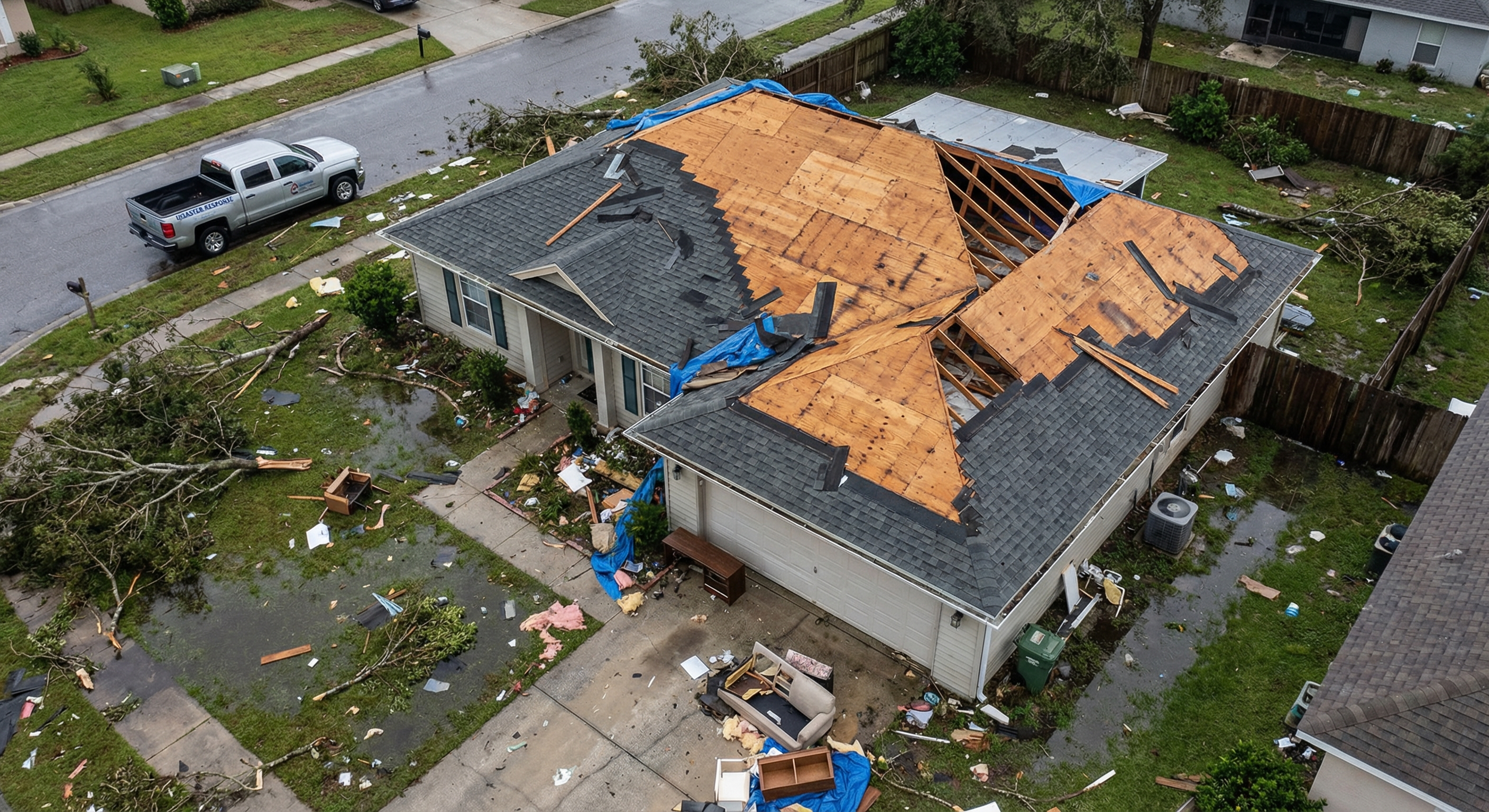 Catastrophic hurricane damage to Gainesville FL roof requiring full replacement - Carr-Palmer Roofing